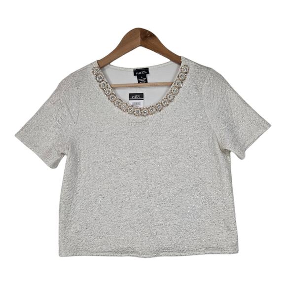VTG Rue21 Top L White Metallic Gold Sparkle Pearls Rhinestones McBling Evening - Picture 1 of 13